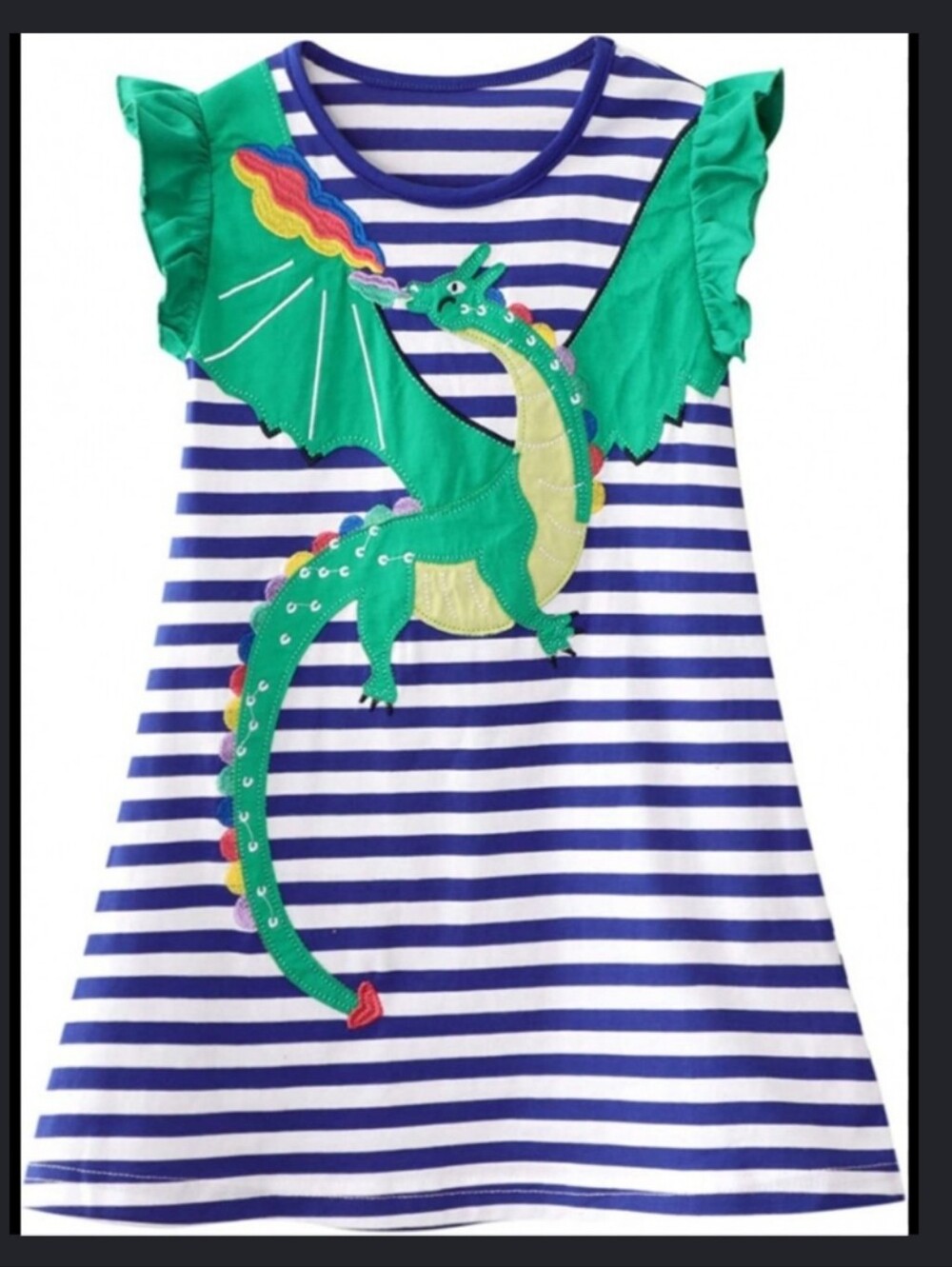 Girls Ruffle Sleeve Striped Dragon Dress